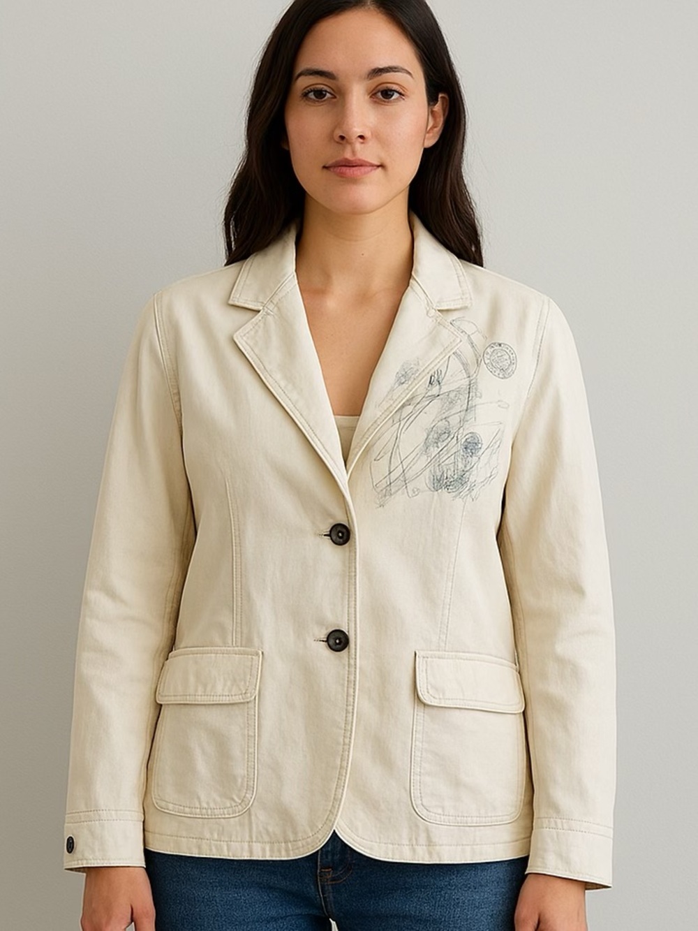 Olsen White Jean Single-Breasted Cotton Blazer with Subtle Graphic